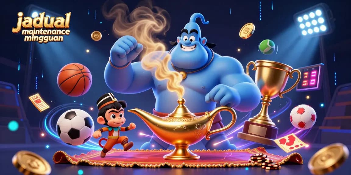 Check the jadual maintenance mingguan while enjoying a vibrant casino-themed illustration showing dynamic sports elements and characters.
