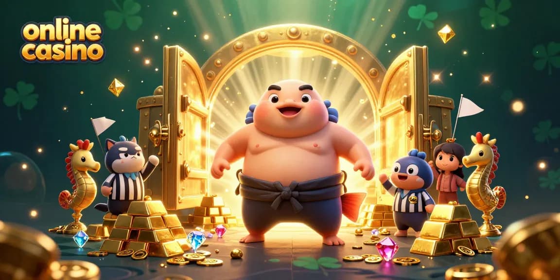 Engage in online casino fun with a vibrant underwater scene showcasing a fugu in a sumo outfit with gems.