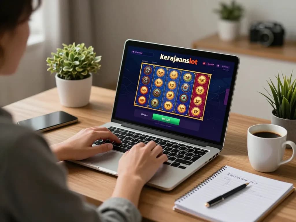 Player engaging with the kerajaanslot app while enjoying a cozy home office atmosphere, showcasing a responsible gaming lifestyle.