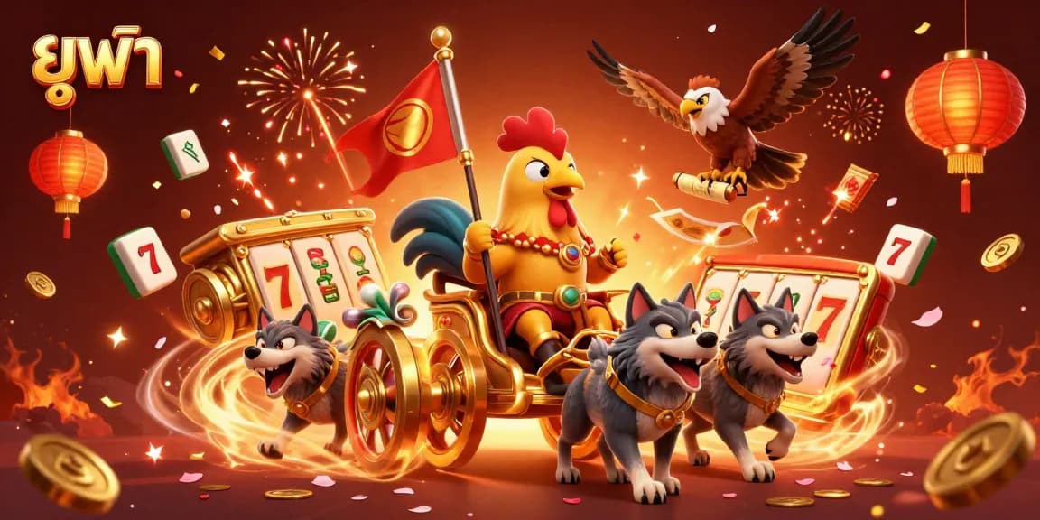 Experience the energetic gambling world of ยูฟ่า with a dynamic scene featuring a rooster warlord and traditional elements.