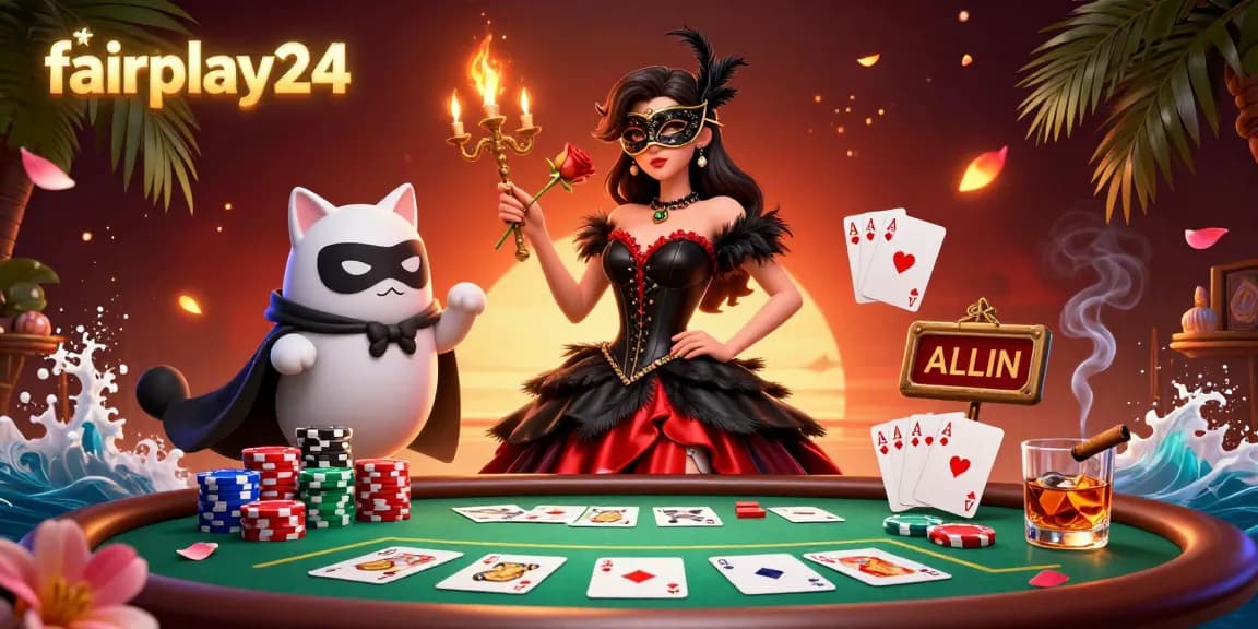 Experience thrilling gaming with fairplay24 as a glamorous woman in a black and red gown engages with poker elements, enhancing the casino ambiance.