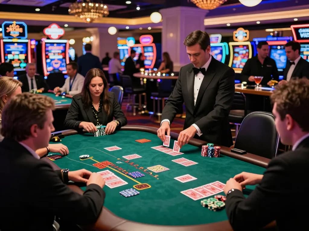 Suasana menarik yang menampilkan todosobrecomunicacion di kasino Las Vegas, pemain merencanakan strategi di meja blackjack di bawah cahaya neon yang mencolok.