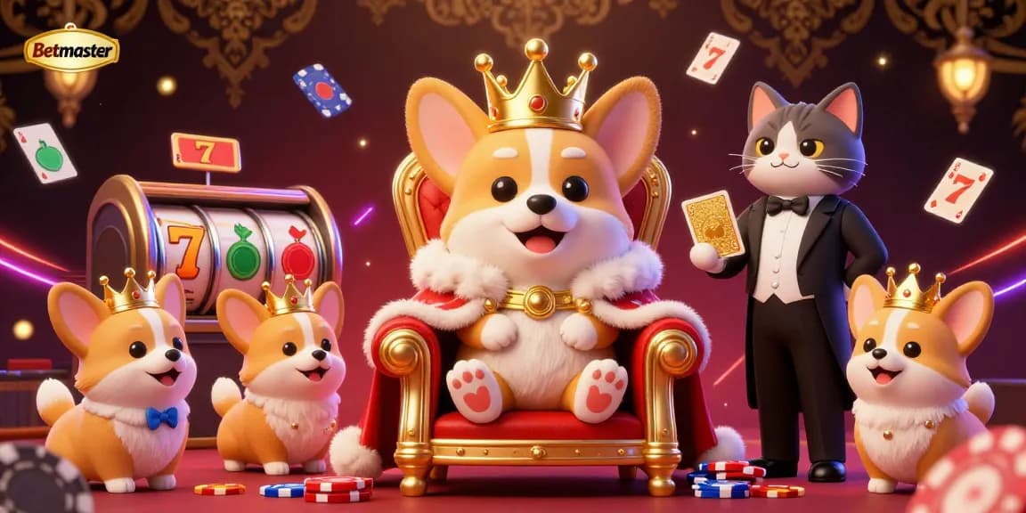 Betmaster offers a vibrant casino experience with a royal corgi and game elements in dynamic illustration.