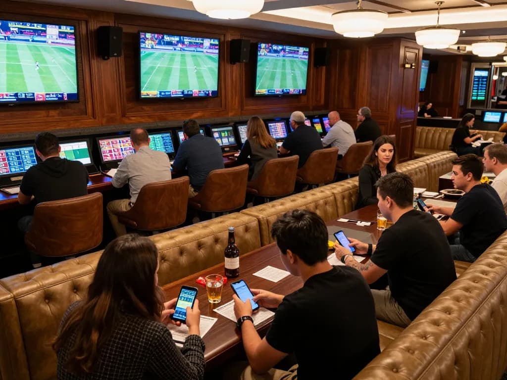 Experience the thrill of TR88 sports betting in a luxurious lounge with engaged patrons.