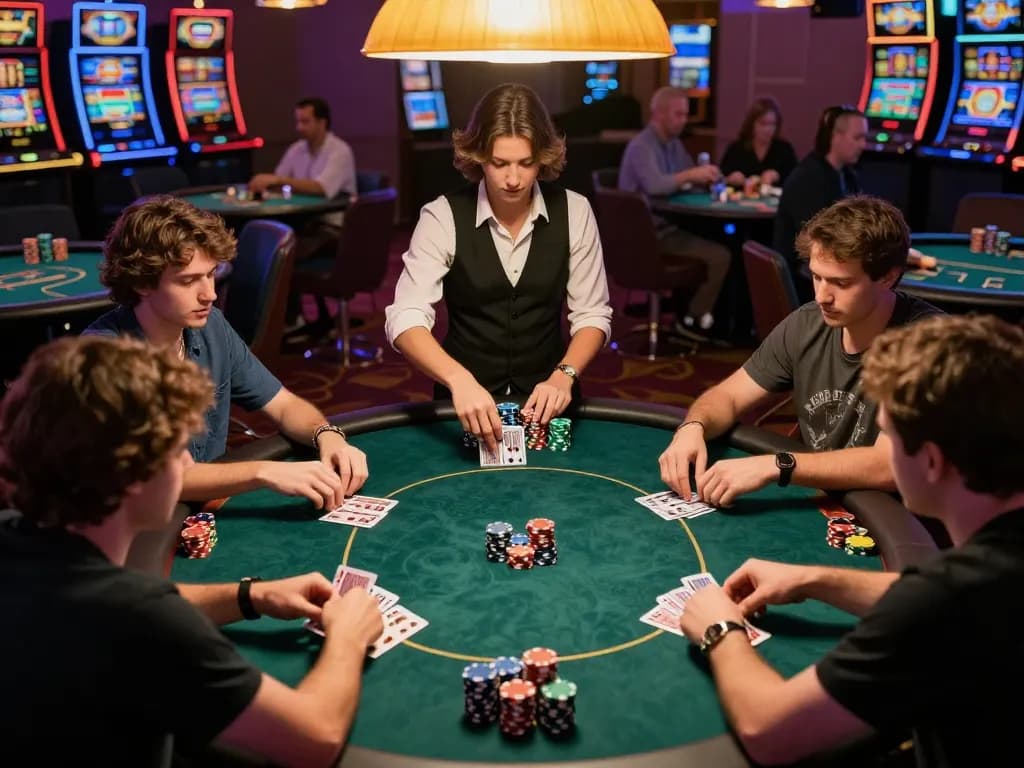 Players engaged in a strategic poker game at B52CLUB casino, showcasing vibrant chips and intense focus.
