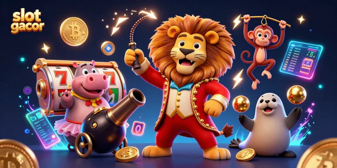 Experience the thrill of slot gacor with lively characters and vibrant casino elements in this dynamic illustration.