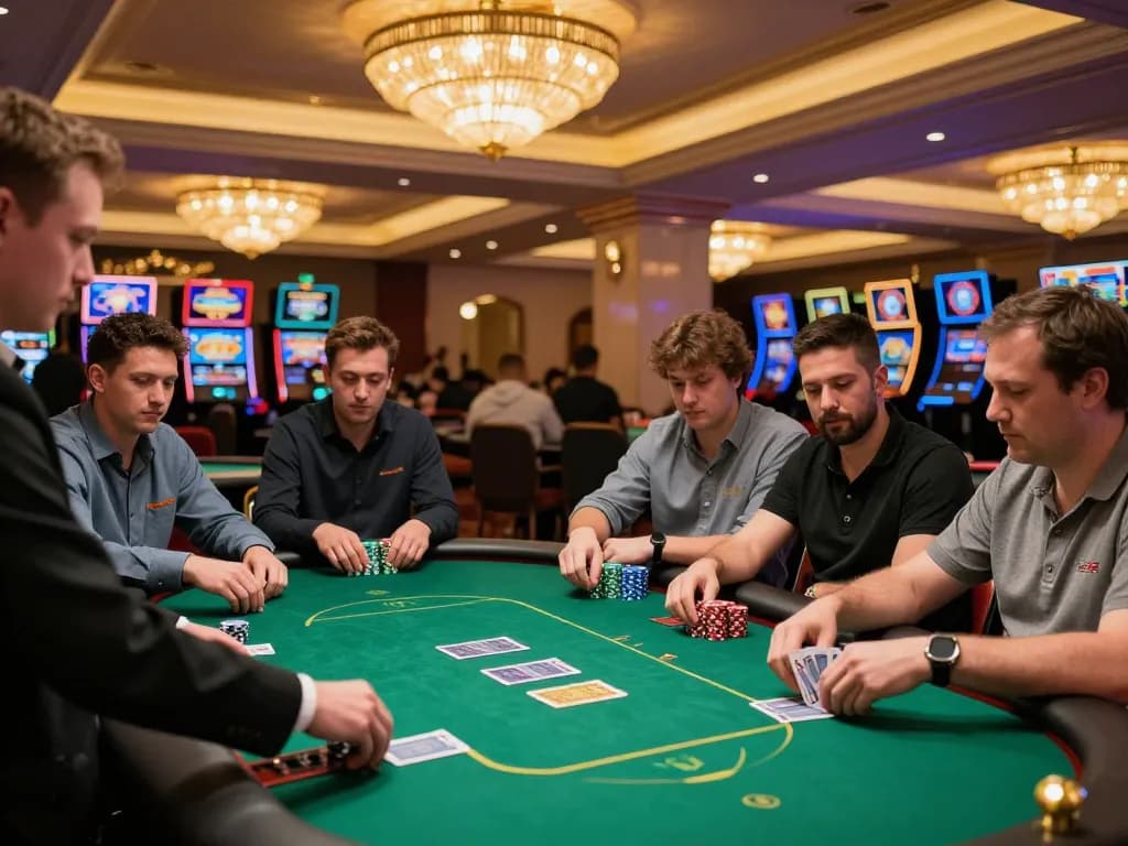 Players engage in strategic poker gameplay at a bustling casino, showcasing expert tactics and transcrime excitement.