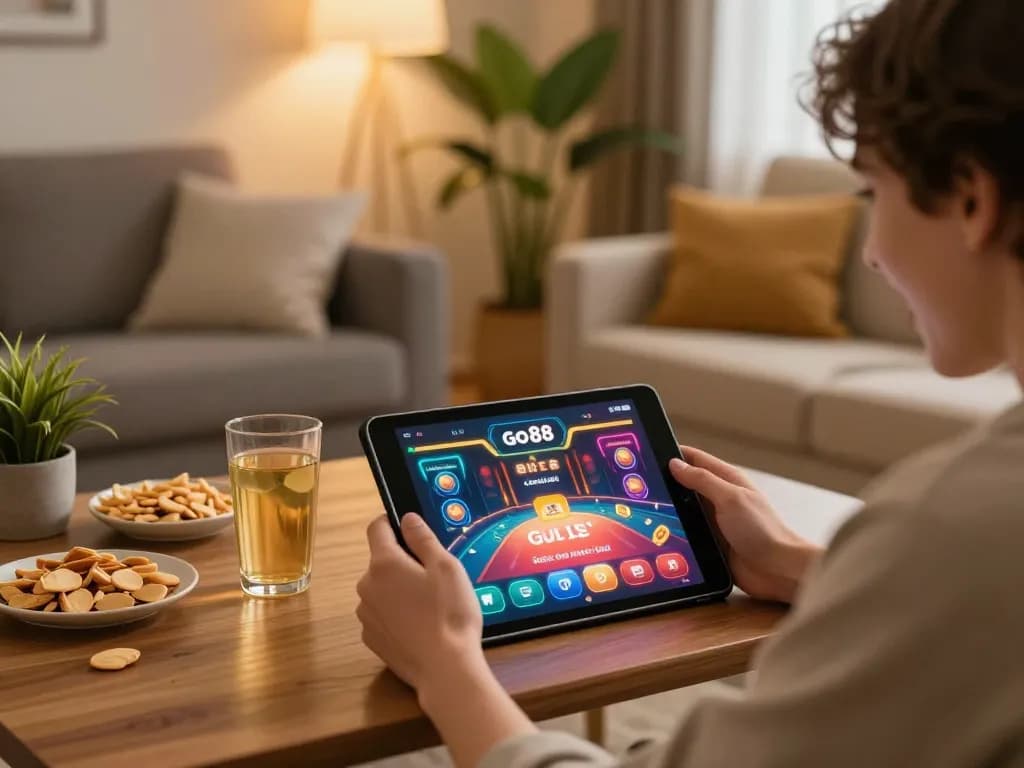 Enjoying an engaging game go88 session on a tablet in a cozy living room.