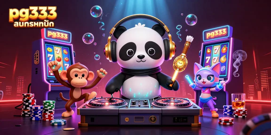 Experience the energetic scene of pg333 สมัครสมาชิก with a DJ panda, breakdancing monkey, and glowing kitten in a vivid casino environment.