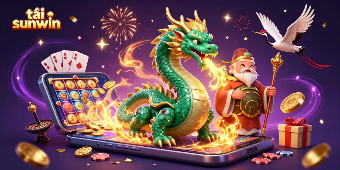 Experience the thrill of tải sunwin with a vibrant casino scene featuring a jade dragon, fortune elements, and more!