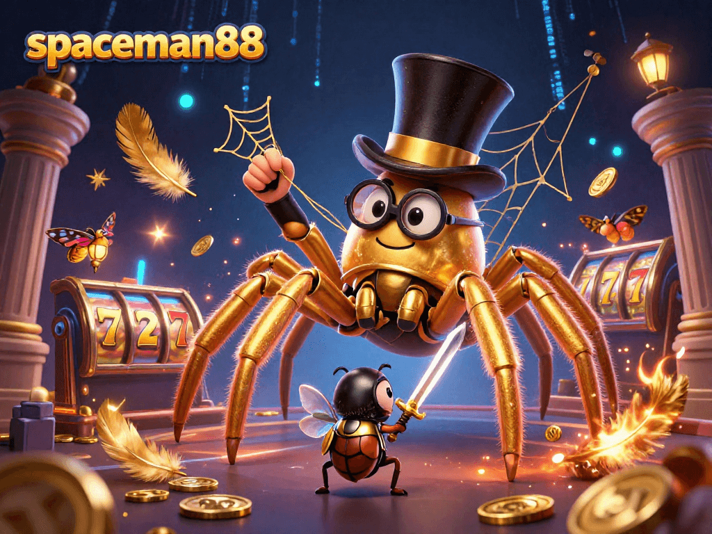Spin the 3D slot reels at spaceman88 with golden tarantula and brave beetle knight in action.