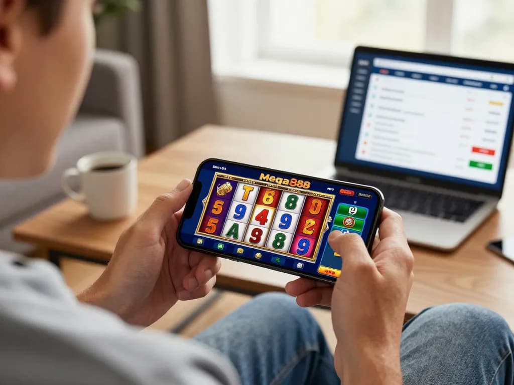 Playing with mega888 apk on a smartphone in a cozy living room, showcasing a casual gaming experience.
