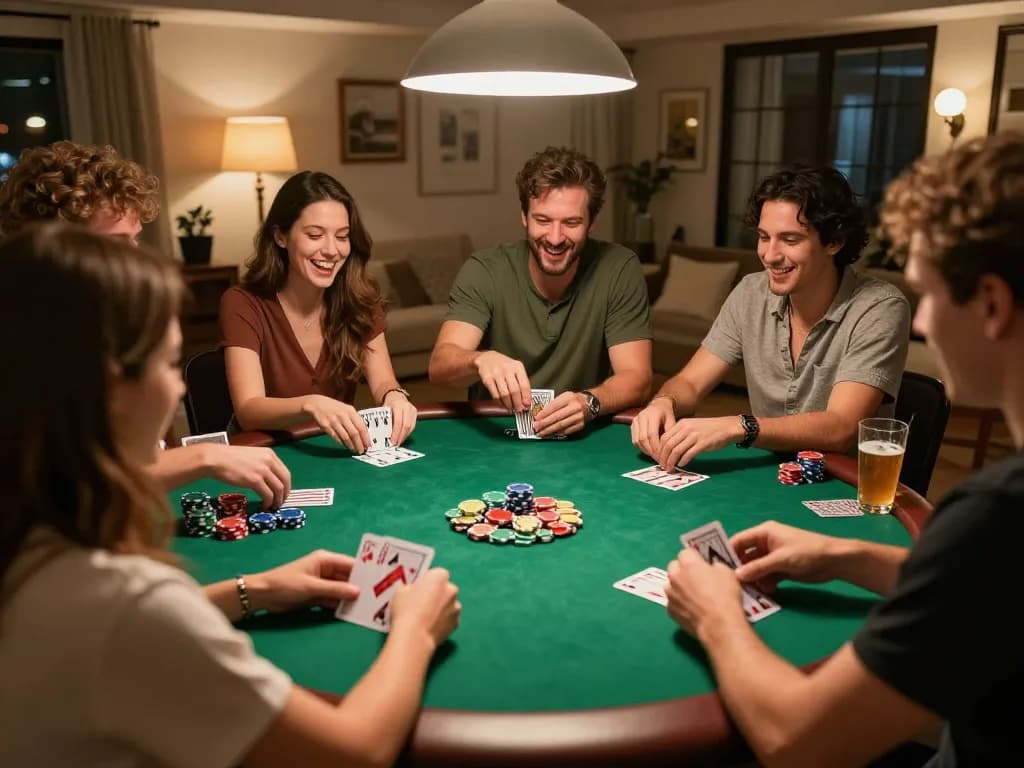 Friends enjoying a lively poker game night at home, showcasing the rich experience of gambling with rikvip.