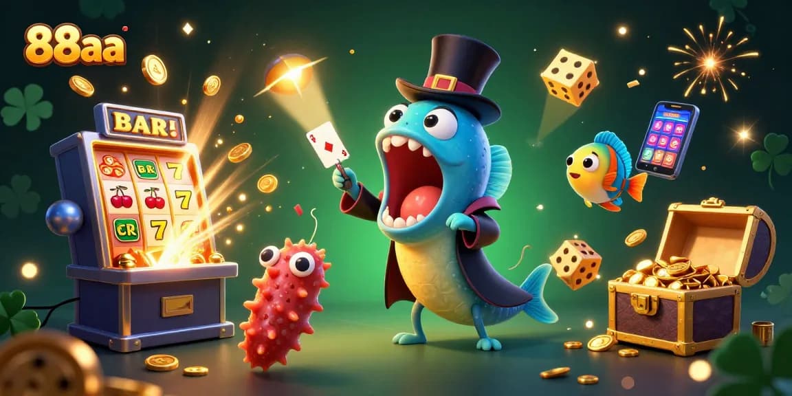 Experience excitement at 88aa with our vibrant 3D gambling illustration bursting with casino elements.