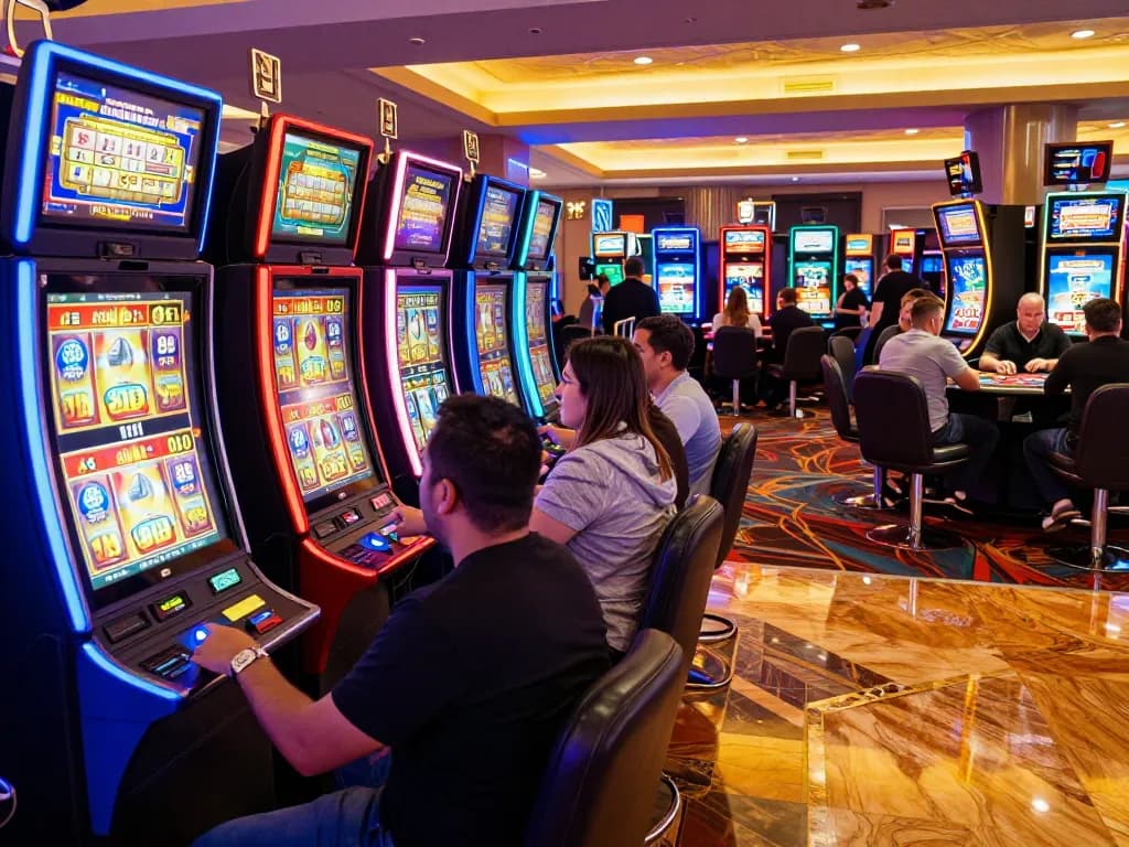 Players engaging with vibrant slot machines in a bustling casino environment, enjoy situs slot gacor gaming experience