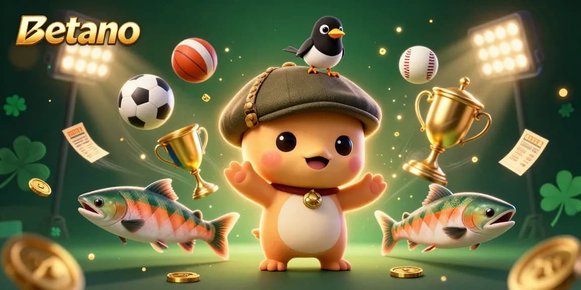 Betano's engaging 3D cartoon scene with energetic characters and dynamic sports elements, showcasing excitement.