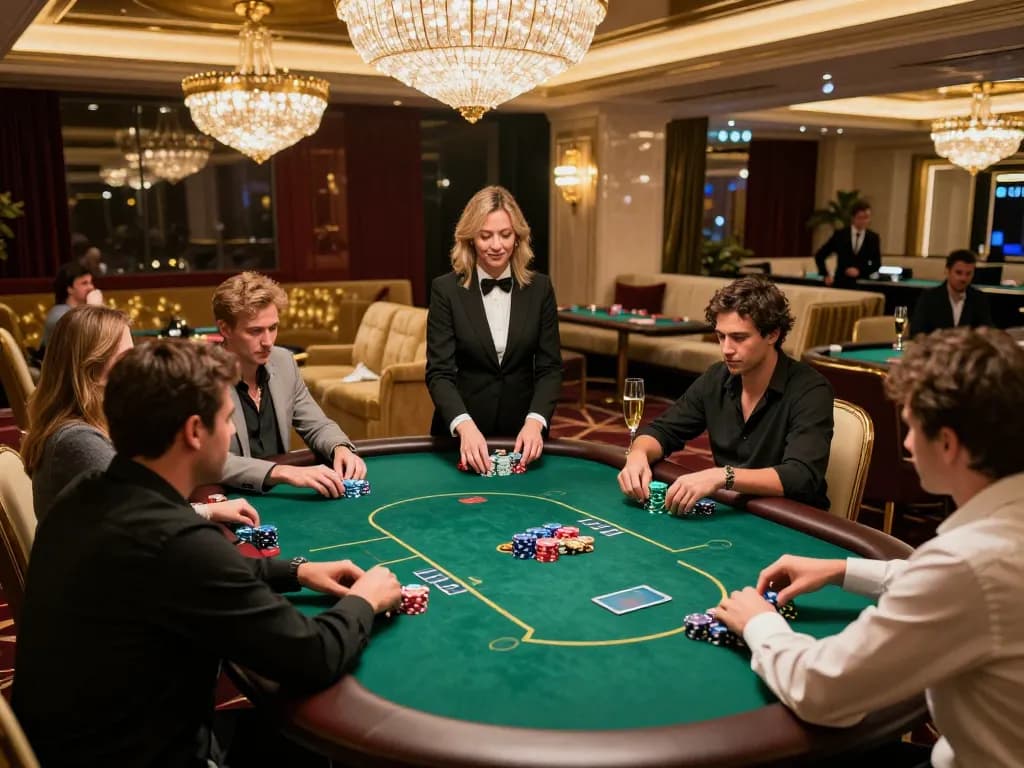 High-stakes players in an exclusive poker game at a luxurious VIP casino area featuring MM 99 setting.