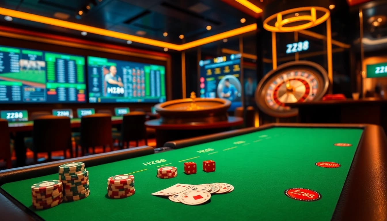 Engaging hz88 poker table setup featuring live betting odds and stacked chips, showcasing dynamic gambling action