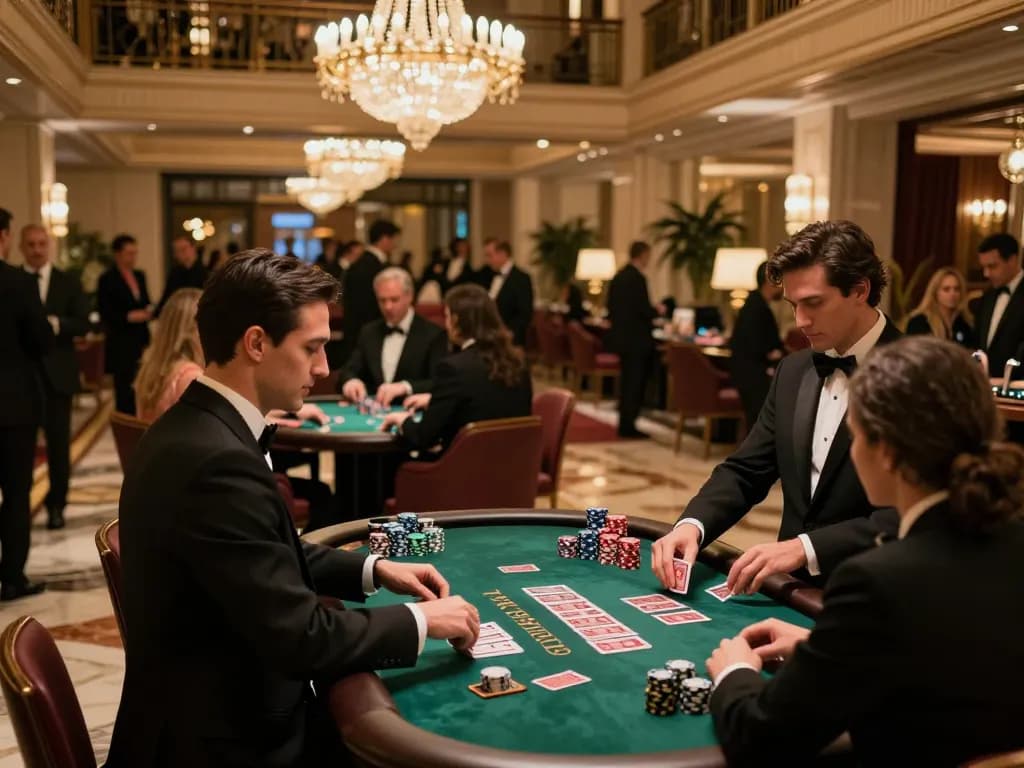 IWIN CLUB blackjack table action with professional dealer and players, sophisticated casino ambiance.