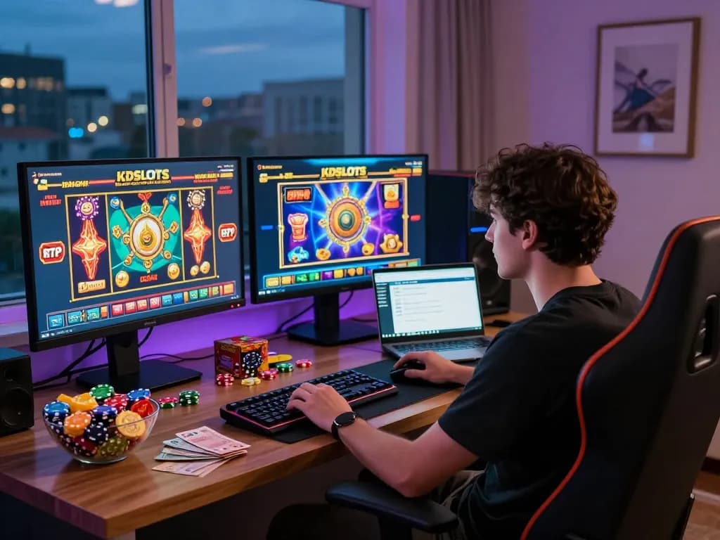 Player enjoying KDSLOT online gaming experience with vibrant slot games and inviting atmosphere.