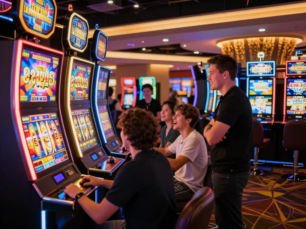 Players spinning slot machines with colorful displays in an exciting casino atmosphere