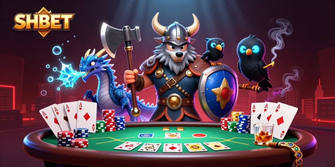 Engage in thrilling poker battles with SHBET's Viking wolf warrior, dragon, and raven in an immersive 3D scene.