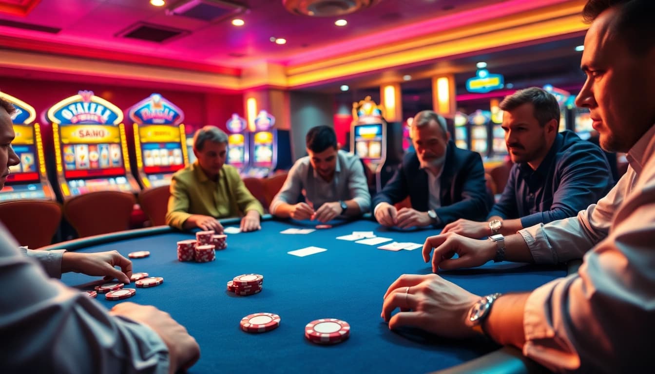Experience the excitement of AT99 at a vibrant casino poker table with players engaged.