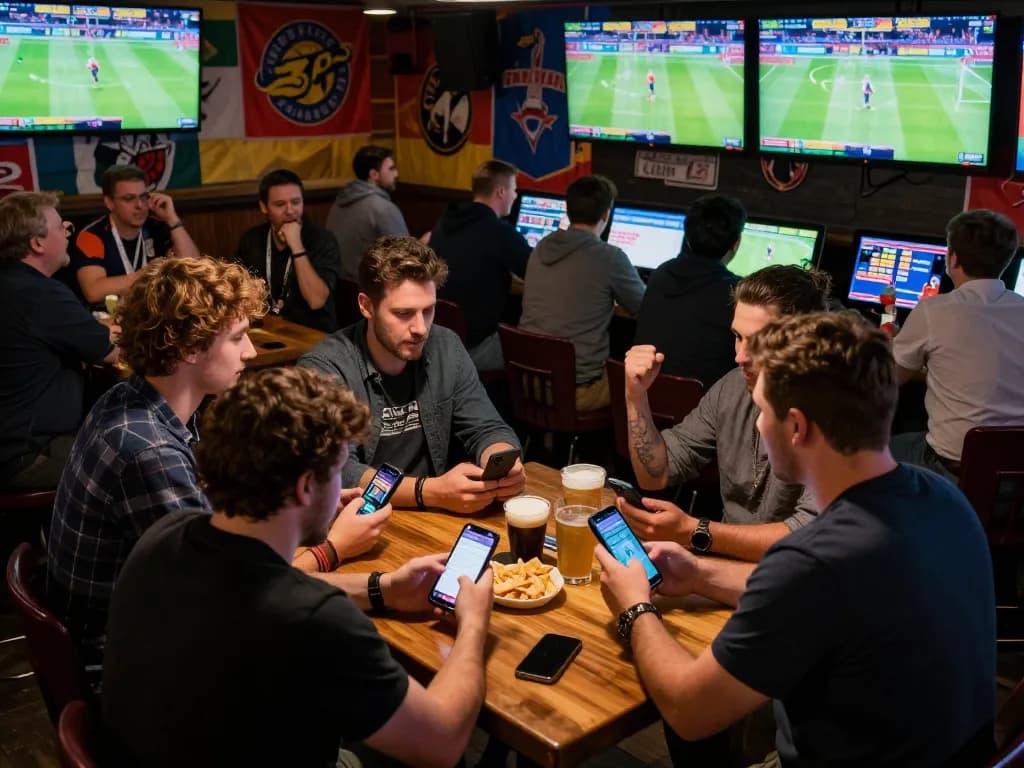 Engaged fans at b52club placing bets on live sports with excitement and smartphones