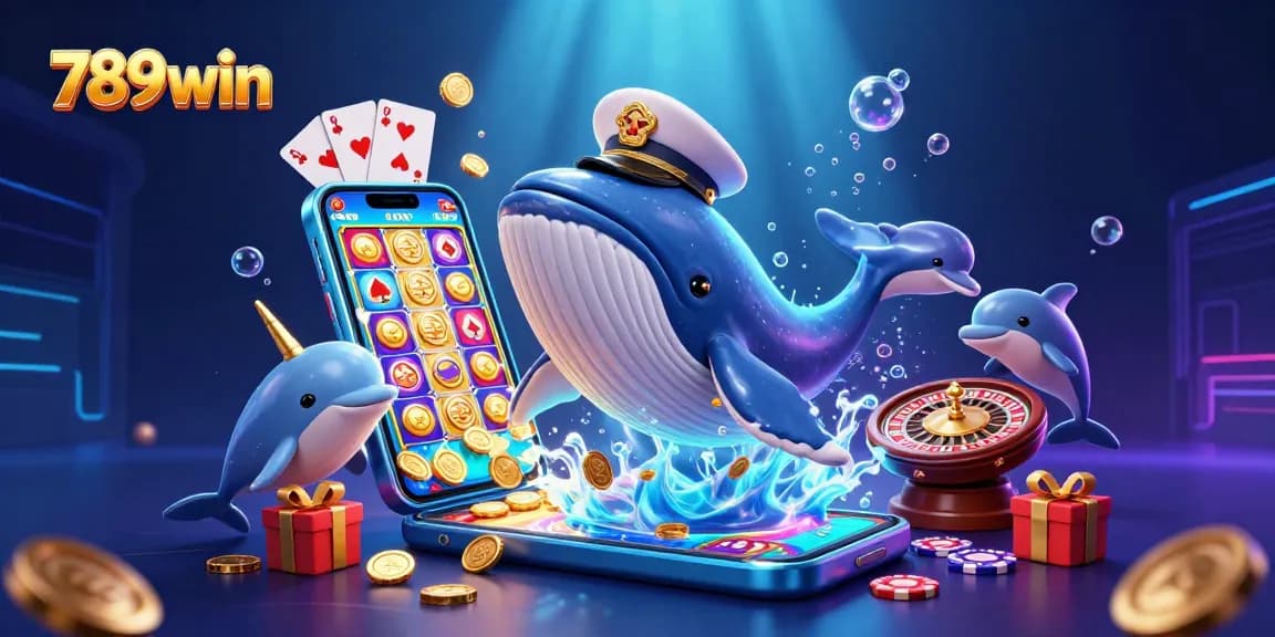Playing 789win casino games with a cartoon whale, narwhal, and dolphins in a vibrant, fun scene.