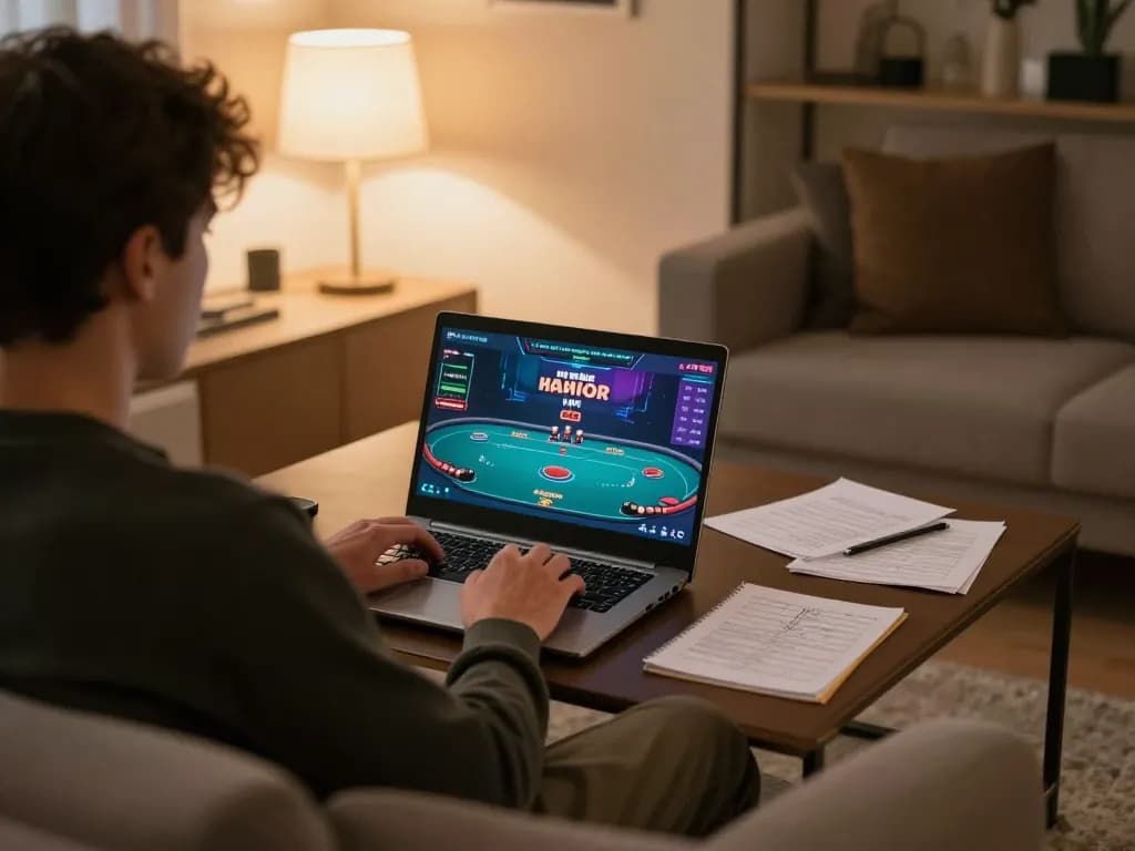 Play exciting poker online at amigogrillandco in a cozy home setup with strategic notes.