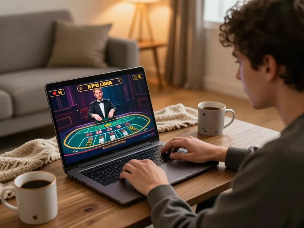 Casino player enjoying live dealer game on laptop at home, creating immersive online gambling experience.