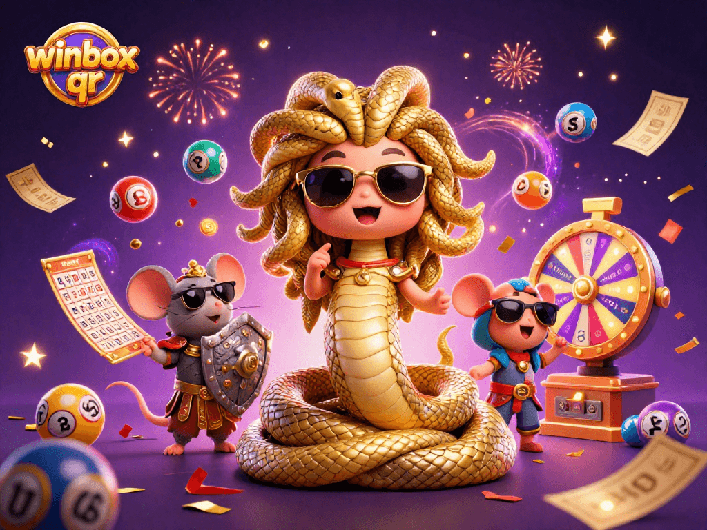 Winbox qr lottery animation featuring Medusa and a warrior mouse in vibrant casino scene