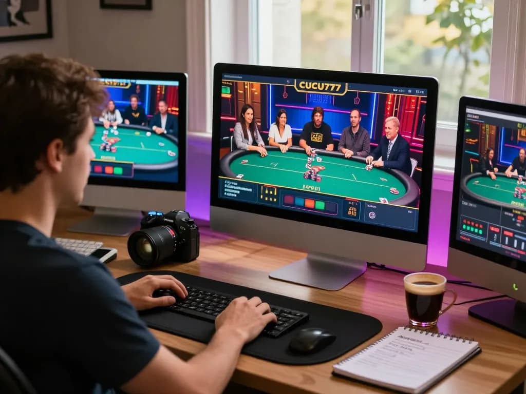 Experience online poker excitement with CUCU777 tournament action on multiple screens at a stylish desk.