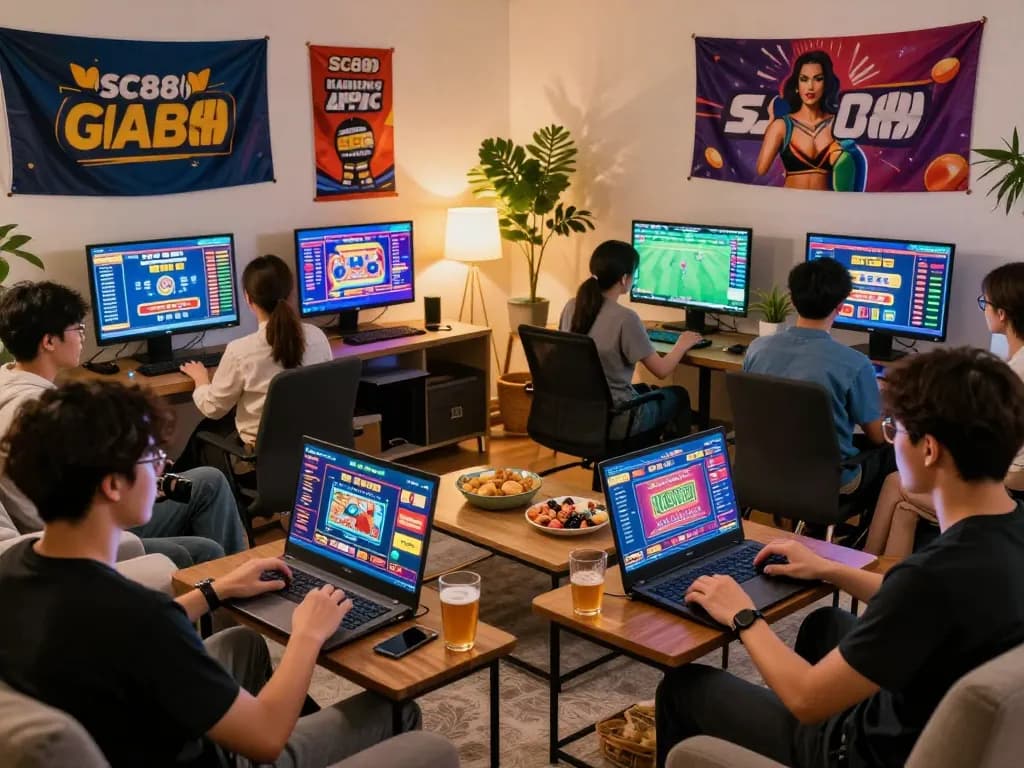 Engaged players at home enjoying online gambling on https://sc88e.com/ with vibrant games and social interactions.