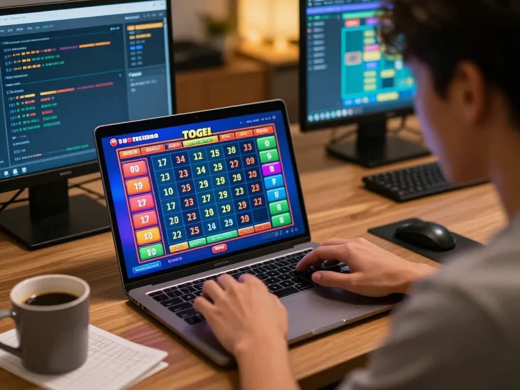 permainan situs togel di laptop dengan angka interaktif dan catatan strategis terlihat