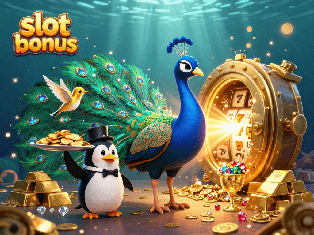 Experience the slot bonus with a dazzling scene of a peacock, penguin, and hummingbird amid riches.