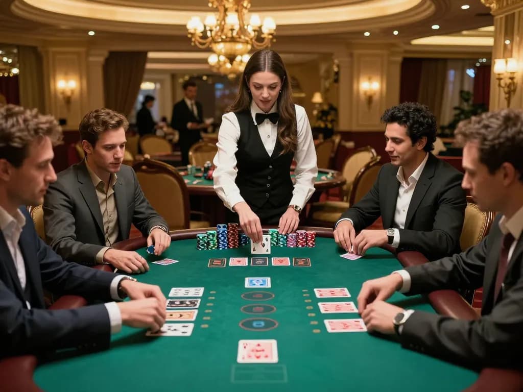 mm 88 Blackjack game in action at an upscale casino table with focused players and elegant dealer