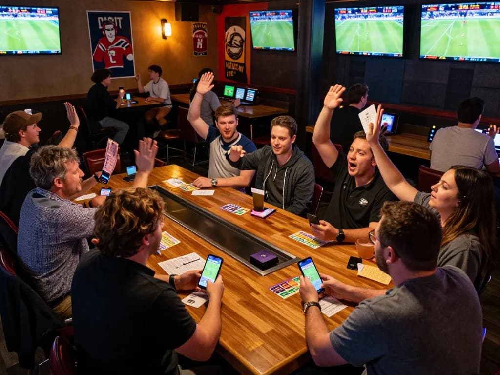 Cược thể thao being placed in a vibrant sports bar, showcasing patrons engaged in betting and enjoying live sports events.