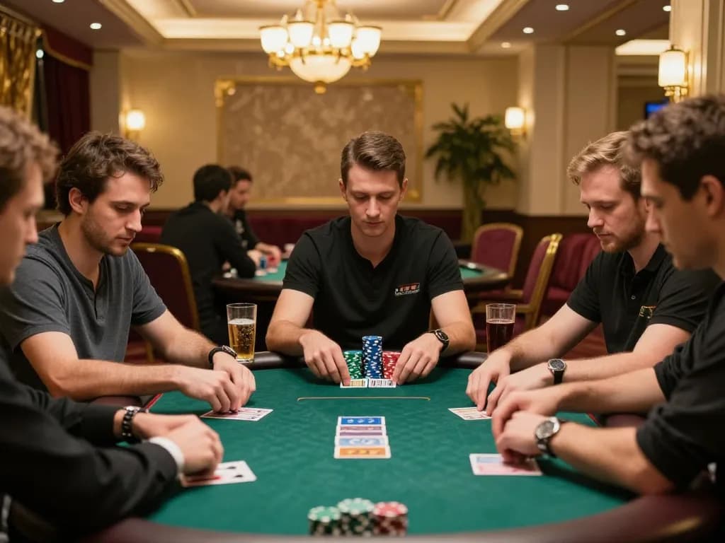 Pemain poker taruhan tinggi Bintangmpo merumuskan strategi di lingkungan kasino mewah.