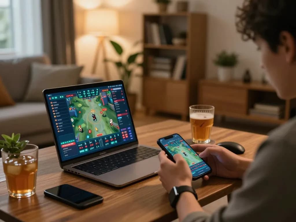 Engaged player using bk8 app on smartphone while betting online, showcasing a modern gaming setup