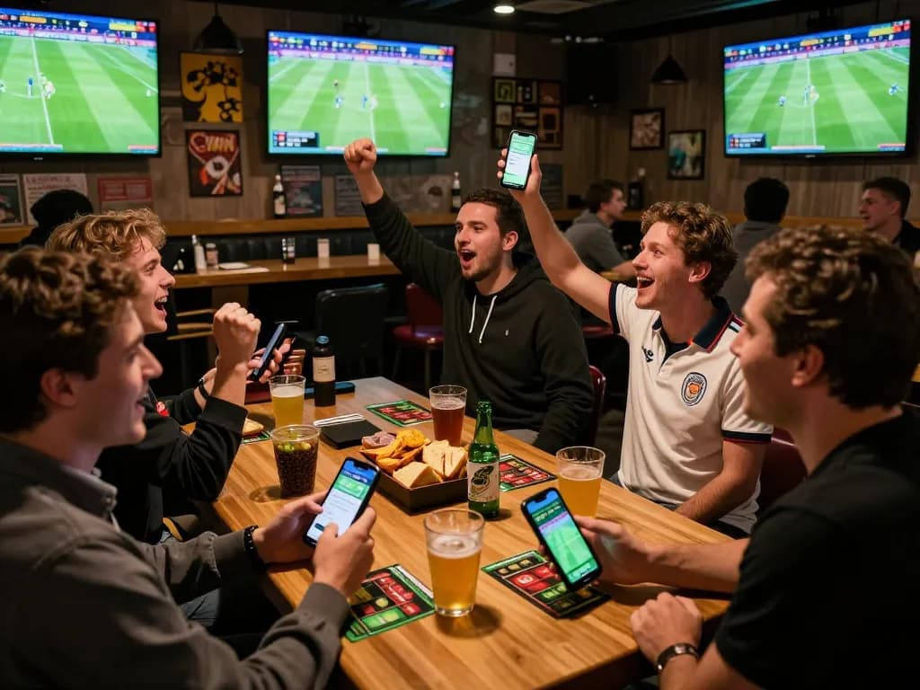 Kesenangan taruhan olahraga langsung di bar dengan skornya dari aplikasi SPBO di smartphone.