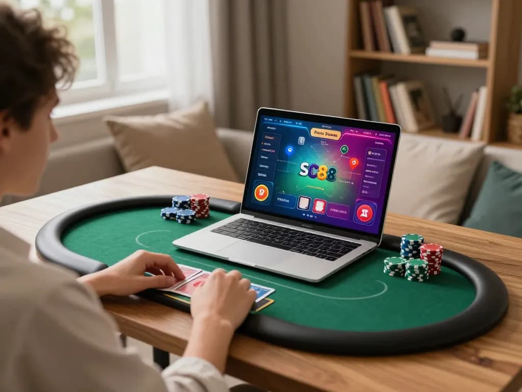 Engaging gameplay on https://sc88.casino/ with a player focused on poker interface and chips, inside a cozy home.