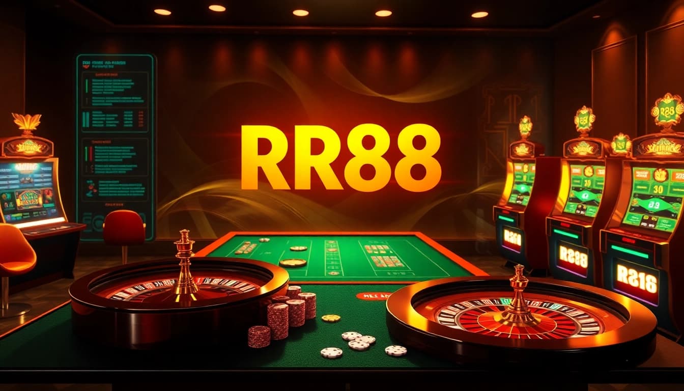 Experience the luxury of gambling with the trang chủ rr88 interface featuring casino tables and vibrant slot machines.