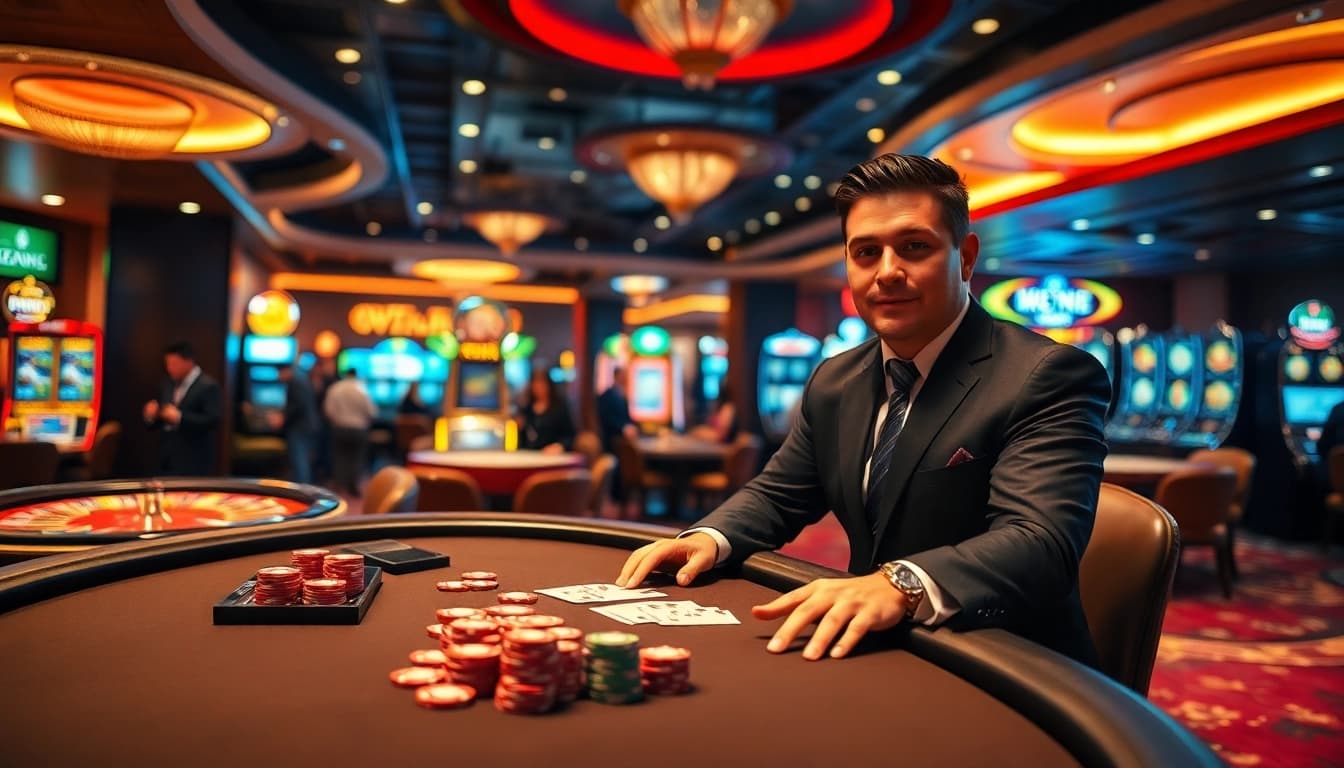 Engaging casino scene illustrating สมัคร w88 with a vibrant atmosphere and poker action.