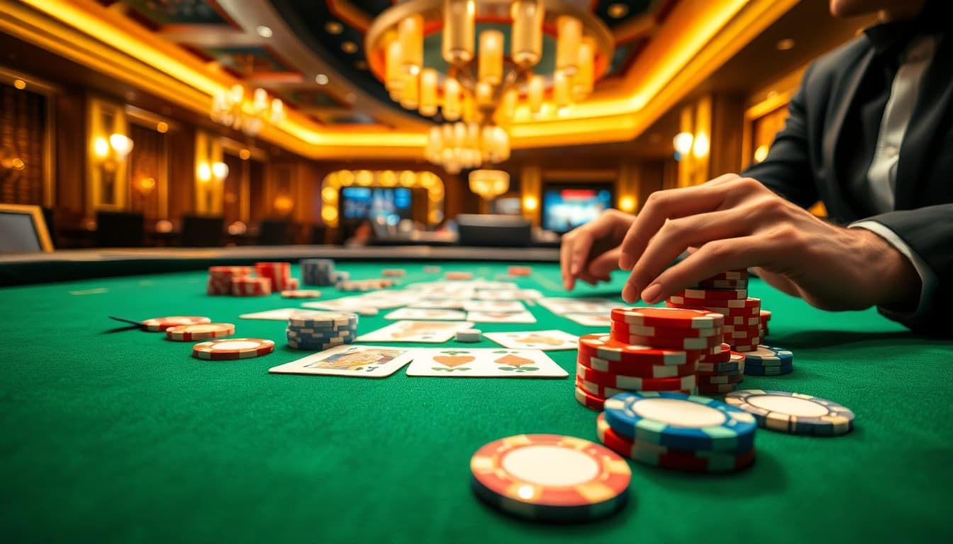 Engaging casino scene with AT99 chips and cards creating a vibrant atmosphere.