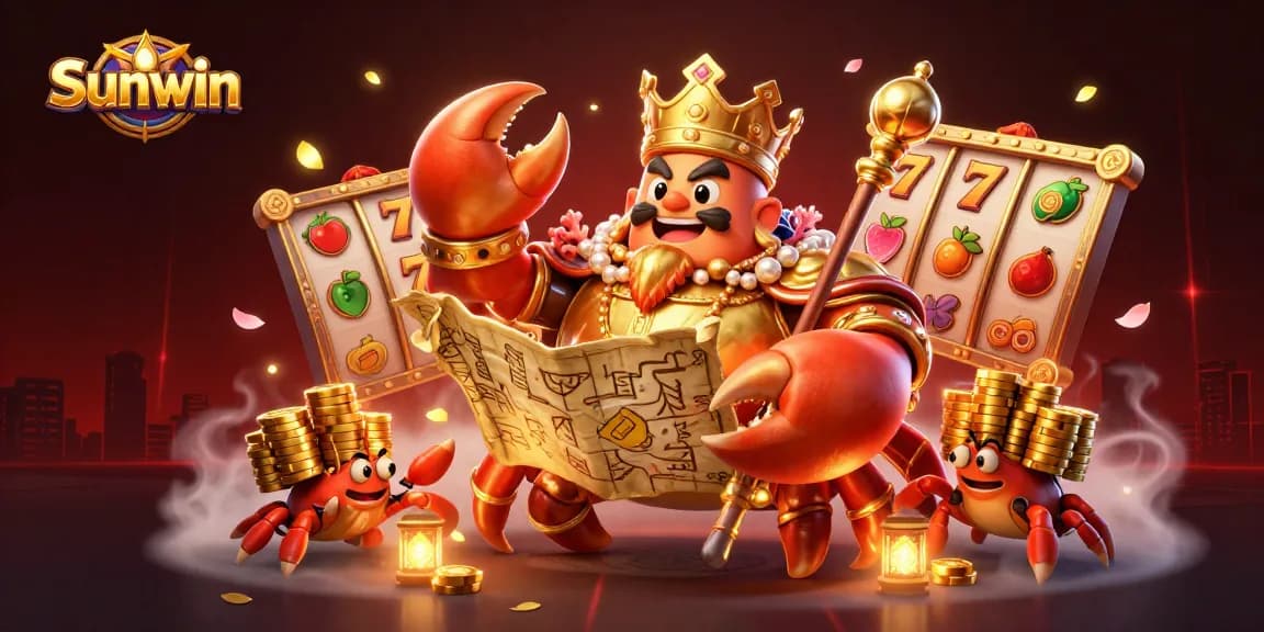 Sunwin online casino features a majestic crab emperor with treasure mapping out winning strategies amid dynamic gaming elements.