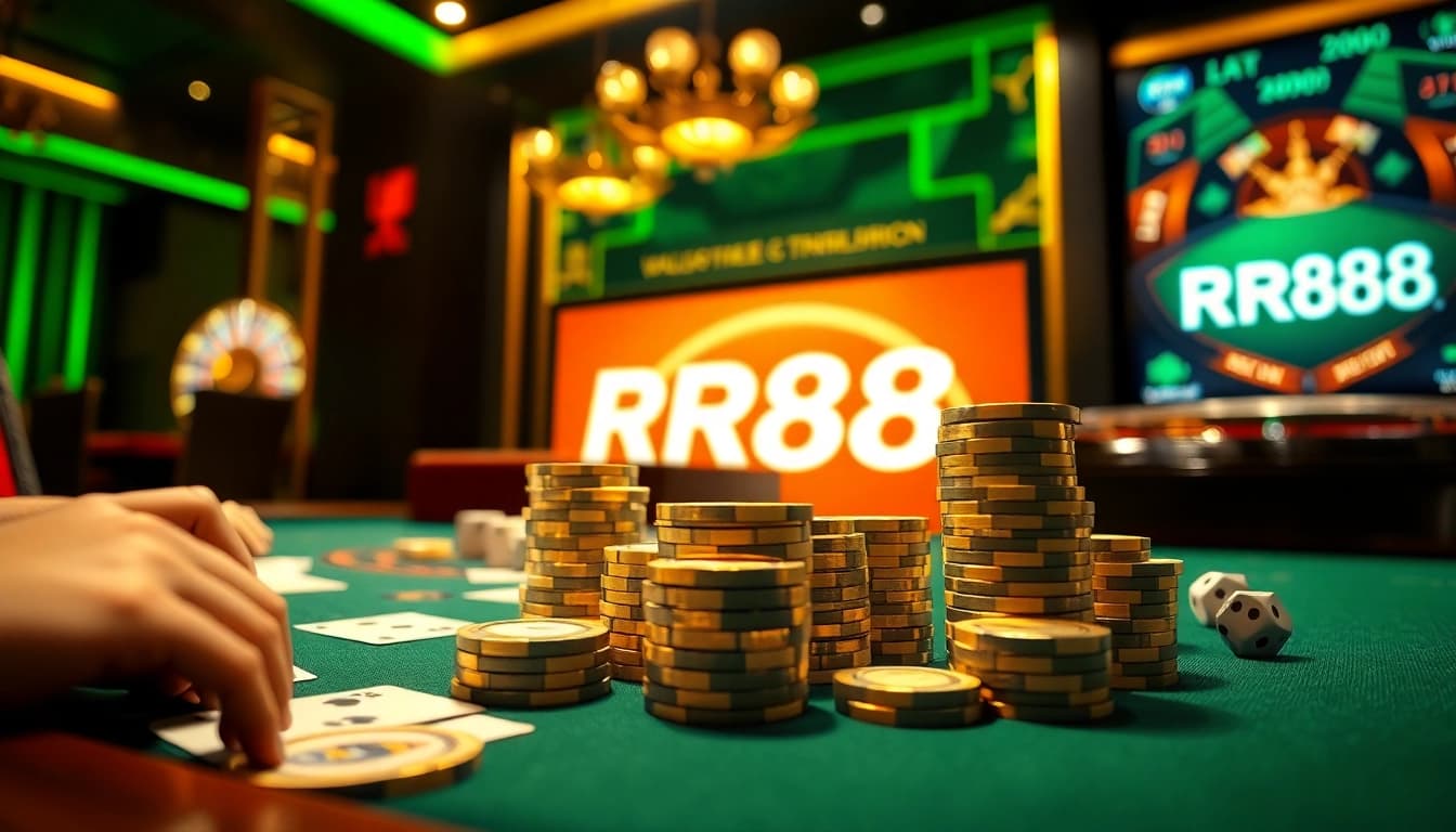 RR88 casino scene showcasing an engaging online gambling interface with poker chips and cards.