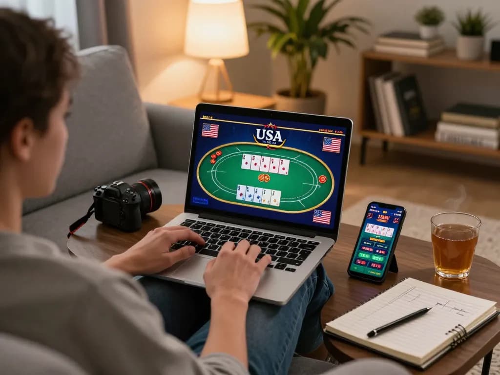 Engaging in online USA casinos gaming from home, showcasing laptop poker action and strategic notes.
