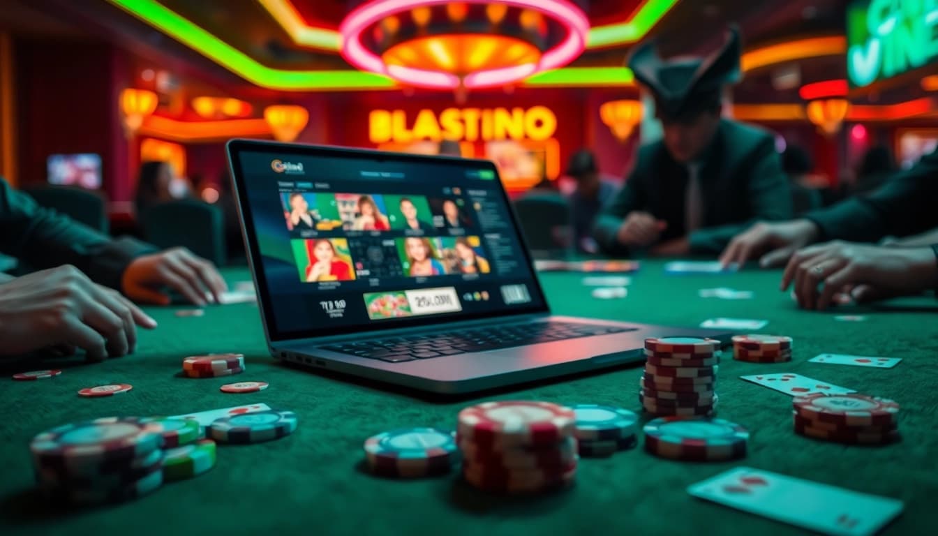 Spieler genießen die Atmosphäre beim casino spielen online mit Laptop und Pokerchips.