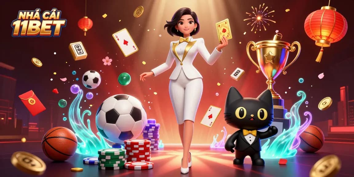 Experience excitement at NHÀ CÁI 11BET with glamorous characters, poker elements, and vibrant sports betting.